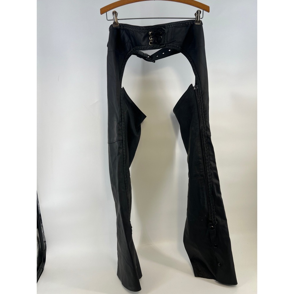 Park V Black Leather Motorcycle Chaps Womens Medium Made in USA Biker Riding